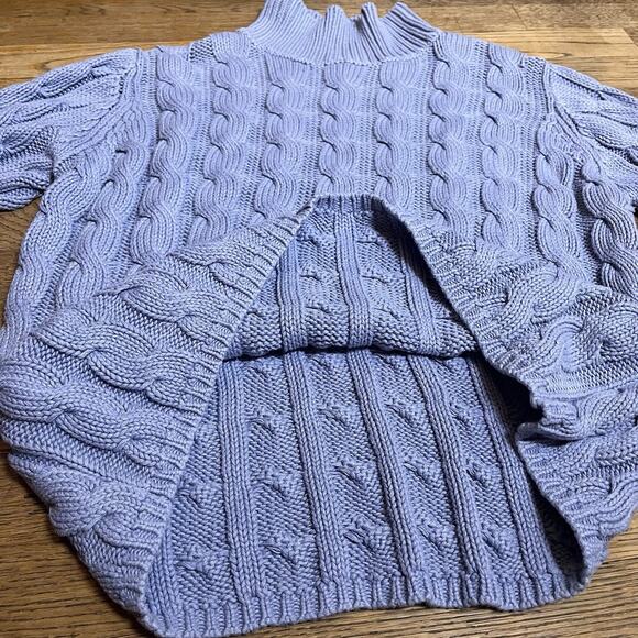 LL Bean Womens Sweater 100% Cotton Mock Neck Chunky Cable Knit Blue Medium - Picture 4 of 16